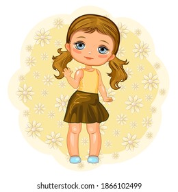 Cute little girl in a skirt. Cheerful funny child in a good mood. The isolated object on a white background. Young baby. Cartoon flat style. Vector