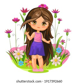 Cute little girl in a skirt. Cheerful funny child in a good mood. The isolated object on a white background. Young baby. Cartoon flat style. Vector