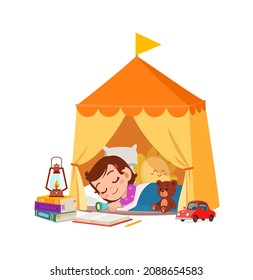 cute little girl sleep inside small tent