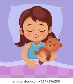 cute little girl sleeping in bed with teddy bear. good dreams cartoon vector illustration. top view