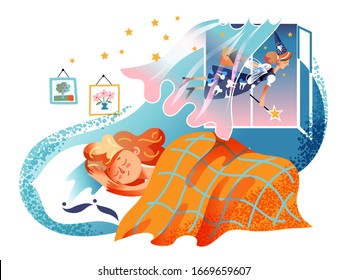 Cute little girl sleeping in bed. Teeth fairy flying near window. Child dreaming about gift for first lost tooth. Fairytale, fantasy, magic for kid. Dentistry and oral hygiene. Vector illustration