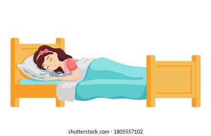 A cute little girl is sleeping in a bed under a blanket. A beautiful child is sleeping with a Teddy bear in his arms. Rest time. Vector isolated illustration for children. Flat style