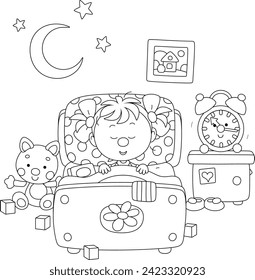 Cute little girl sleeping in her pretty small bed among funny toys in a nursery room on a moonlit night, black and white vector cartoon illustration for a coloring book