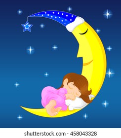 cute little girl sleeping on moon