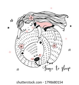 A cute little girl is sleeping sweetly on a big bear. Coloring. Vector.