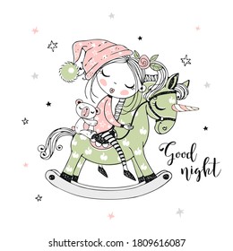 A cute little girl is sleeping sweetly on a unicorn toy horse. Vector.