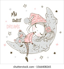 Cute little girl sleeping with Teddy bear on the moon. Vector.