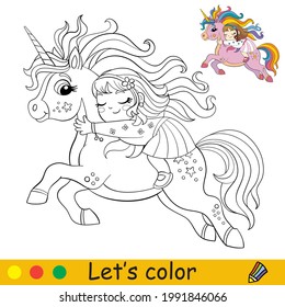 Cute little girl sleeps on back of a running unicorn. Coloring book page with colorful template for kids. Vector isolated illustration. For coloring book, print, game, party, design