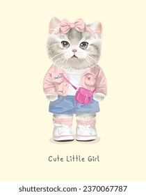 cute little girl slogan with cute kitten in fashion style vector illustration