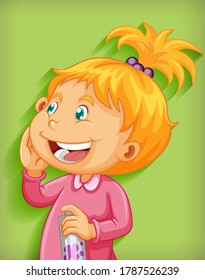 Cute little girl smile cartoon character isolated on green background illustration