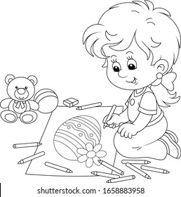 Cute little girl smiling and drawing a decorated Easter egg with pencils on a big sheet of paper for a greeting card, black and white vector cartoon illustration for a coloring book page