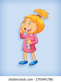 Cute little girl smiling in standing position cartoon character isolated on blue background illustration