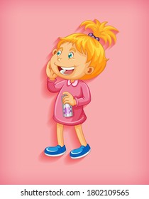 Cute little girl smiling in standing position cartoon character isolated on pink background illustration