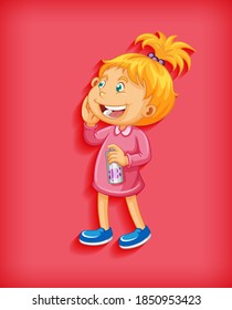 Cute little girl smiling in standing position cartoon character isolated on red background illustration