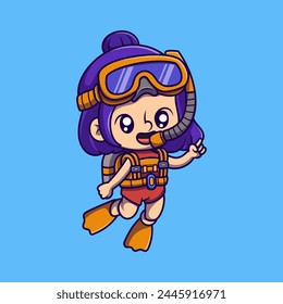 Cute a little girl snorkeling cartoon illustration. Study icon concept. Flat cartoon style.