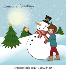 Cute little girl with snowman. Vector illustration