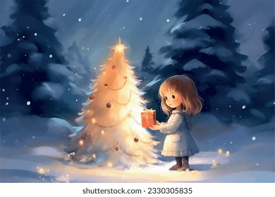 Cute little girl in a snowy forest is placing Christmas present under glowing Christmas tree at night.