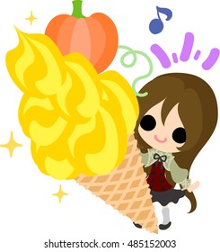 A cute little girl and the soft cream of pumpkin