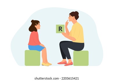 Cute little girl at speech therapist office.Speech disorders in children.Proper articulation therapy for girl. Vector illustration
