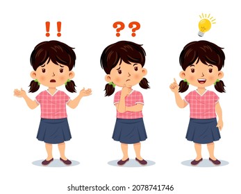 Cute little girl stand confused, thinking, and understand. Vector illustration