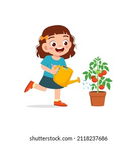 cute little girl stand and watering tomato tree