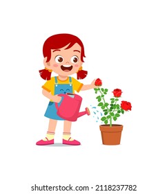 cute little girl stand and watering rose flower
