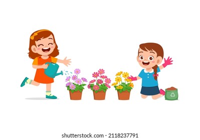 cute little girl stand and watering flower