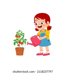 cute little girl stand and watering tomato tree