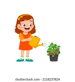cute little girl stand and watering strawberry tree