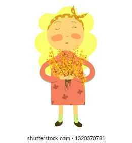 Cute little girl is standing with buquet of mimosa flowers on the white background. Spring poster or greeting card design. Cartoon vector illustration. .