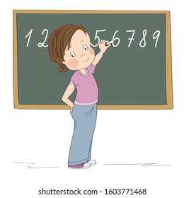 Cute little girl standing in front of the blackboard, writing numbers with chalk, smiling happily - original hand drawn cartoon illustration