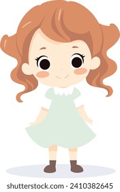 Pequeña niña educada de pie con una sonrisa feliz, con un vestido verde y zapatos marrones. Niño con pelo rizado, adorable ilustración vectorial infantil.