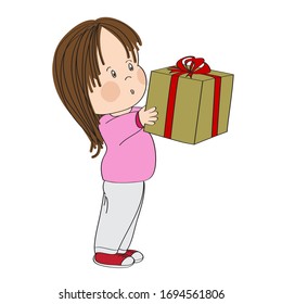 Cute little girl standing and holding big wrapped gift box decorated with red ribbon bow, looking surprised and excited, looking forward to open the present - original hand drawn illustration.
