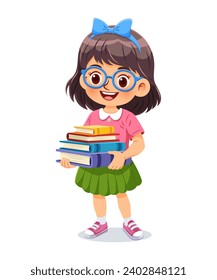 Cute little girl standing and holding a pile of books. She has joyful expression and smile. Vector illustration isolated on white background