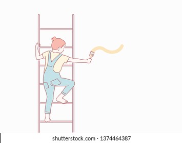 Cute little girl standing on a ladder and painting yellow line on a white wall. Hand drawn style vector design illustrations.