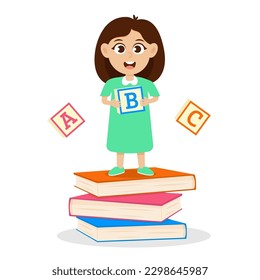 Cute little girl standing on books with cube tin her hands. Back to school postcard, banner design elements.