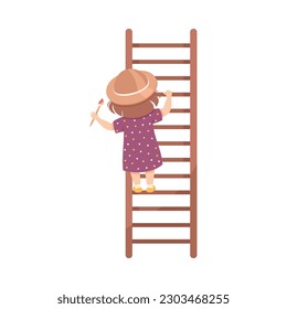 Cute Little Girl Standing on Ladder with Paint Brush Back View Vector Illustration