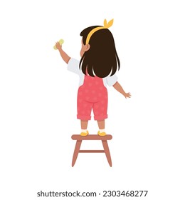 Cute Little Girl Standing on Stool with Chalk or Crayon Drawing on Wall Vector Illustration