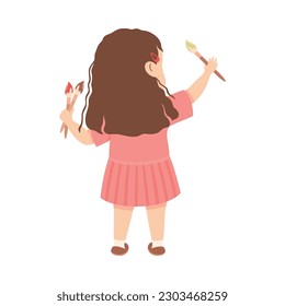 Niña pequeña con pincel de pintura dibujando en la imagen vectorial de la vista trasera de la pared Ilustración