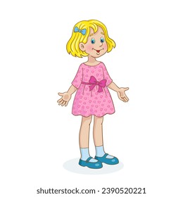 Cute little girl is standing in a pink dress. In cartoon style. Isolated on white background. Vector illustration