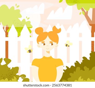 Cute little girl standing in the spring or summer garden surrounded by bees and butterflies. Vector character in flat cartoon style