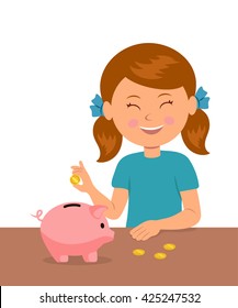 Cute little girl standing at the table puts coins in a piggy bank and dreams of buy something. The concept of saving money baby.