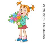 Cute little girl stands with a  big bouquet in her hands.  In cartoon style. Isolated on white background. Vector illustration.