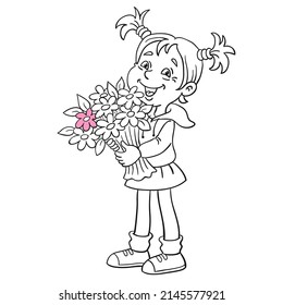 Cute little girl stands with a big bouquet in her hands. Black and white picture with pink accent. In cartoon style. Isolated on white background. For coloring book. Vector illustration.