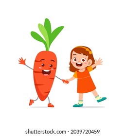 cute little girl stands with carrot character