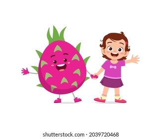 cute little girl stands with dragon fruit character