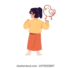 Linda niña se para, dibujando con lápices de colores en la pared de la vista posterior. Niño creativo feliz que pinta el pájaro, pollo con tiza. El niño se divierte, crea el arte del garabato. Ilustración vectorial aislada plana en blanco