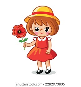 Cute little girl stands on a white background with a flower in her hand. Vector illustration with a child and a red poppy in cartoon style.
