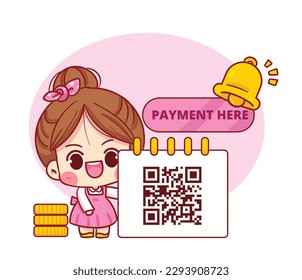 Cute little girl stands with a payment scan sign. QR Code for transfer money cartoon logo vector art illustration