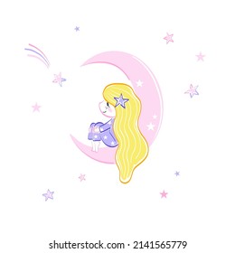 Cute little girl in starry pyjamas sitting on crescent in a night sky and dreaming vector illustration isolated on white. Sweet dreams of baby girl fairy cartoon childish felt pen hand drawn print.